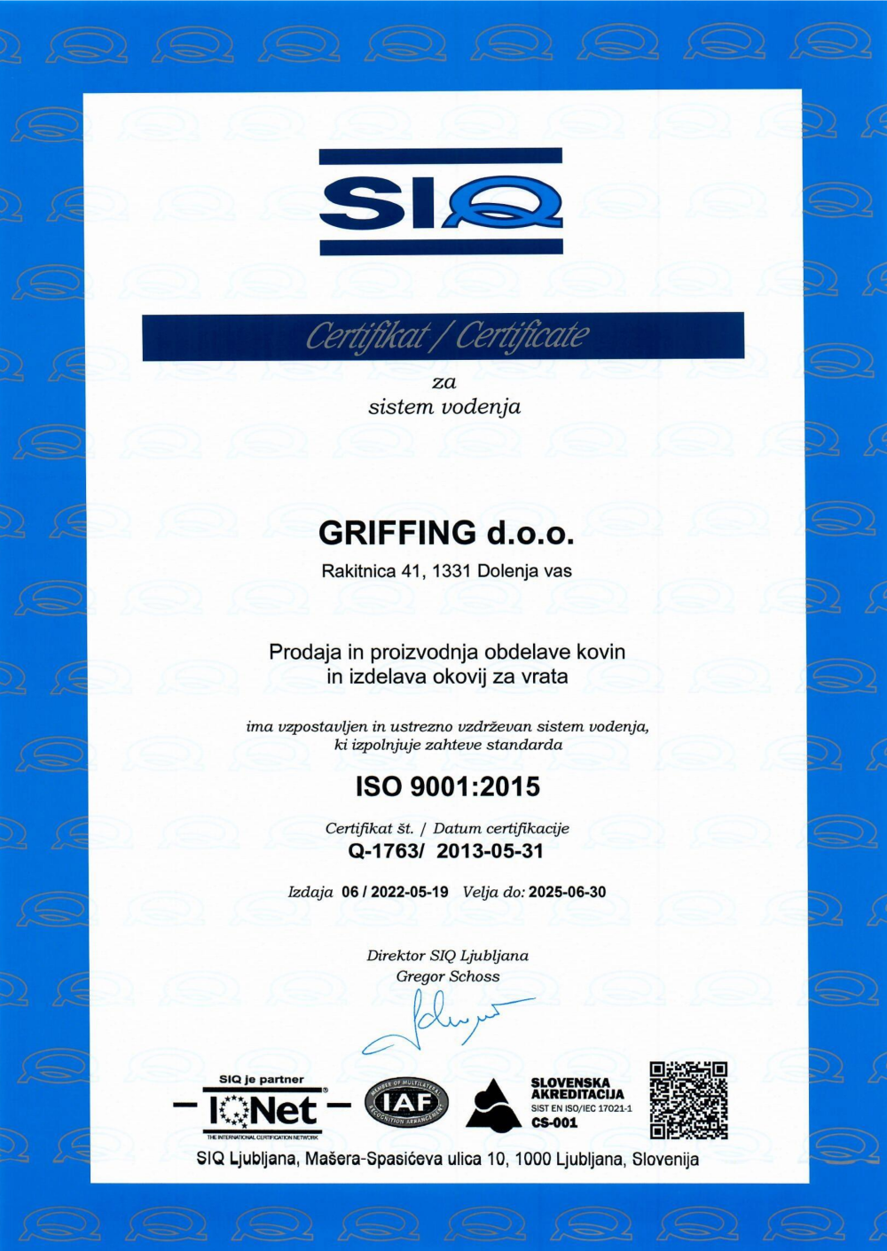 ISO certifikat - Griffing-small