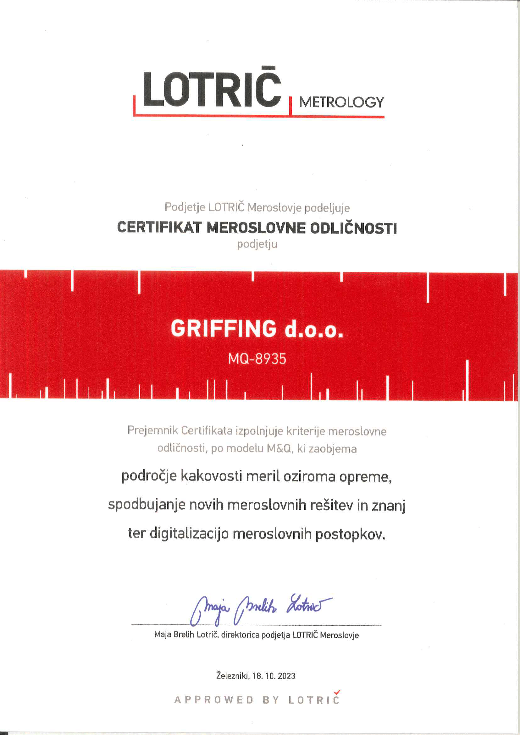 Certifikat meroslovne odličnosti - Griffing-1